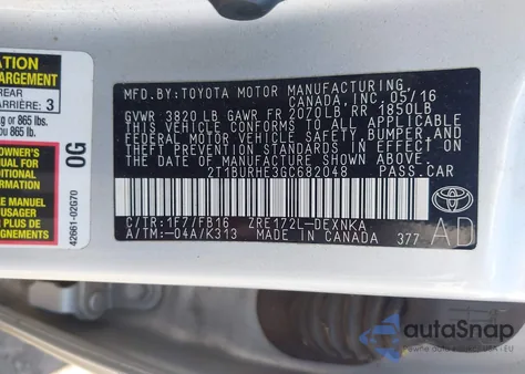 2016 Toyota Corolla Le из США, поврежденный, VIN 2T1BURHE3GC682048